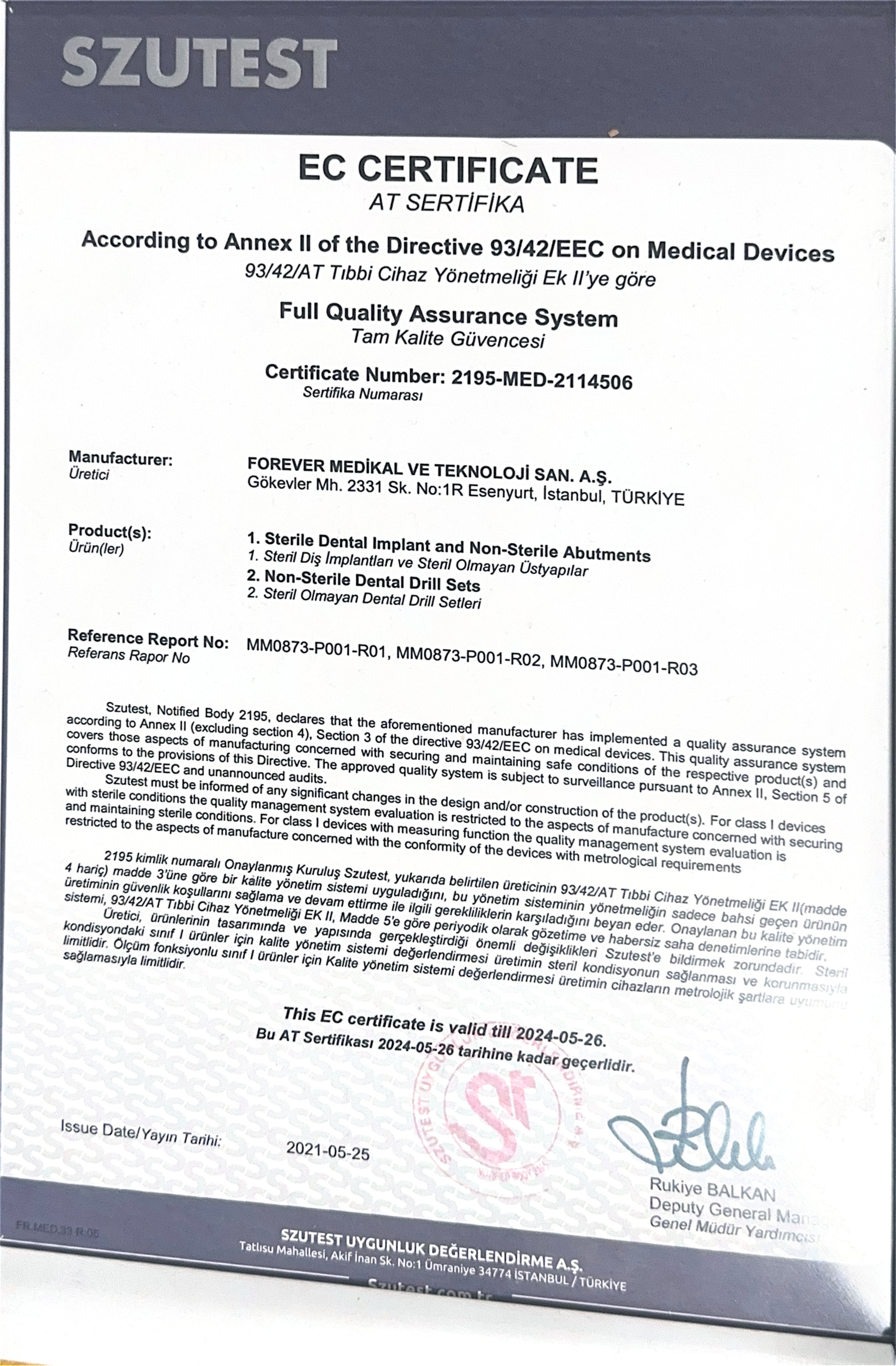 SZUTEST Sertifikası